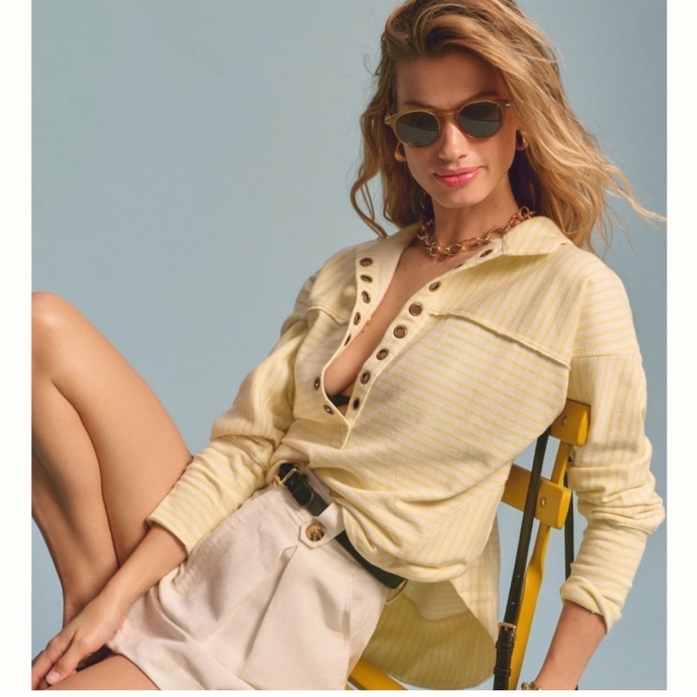 Pilcro Spiced Henley Sweatshirt, Anthropologie, size M Yellow & White - Picture 2 of 14